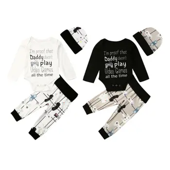 

3PCS Newborn Baby Boy Autumn Long Sleeve Letter Printed Bodysuit Patchwork Leggings Pants Hat Clothes Set