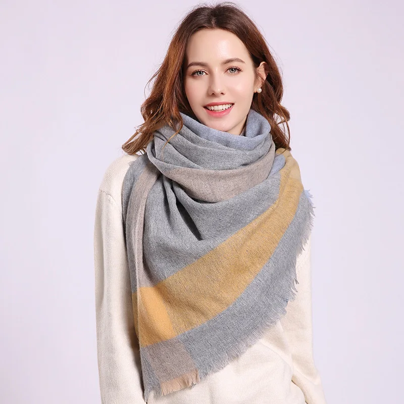 Winter Wool Scarf Women Plaid Shawls and Wraps for Ladies Pashmina Foulard Femme Warm Cashmere Echarpe Pure Wool Scarves - Цвет: Color 7