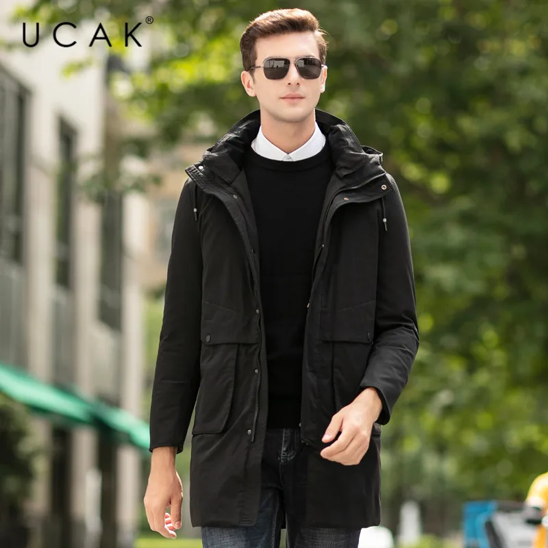 

UCAK Brand Grey Goose Down Jackets Male Long Fashion Stylish Pockets Hooded Modern Casual 2019 Winter Men Clothing Jacket U8024
