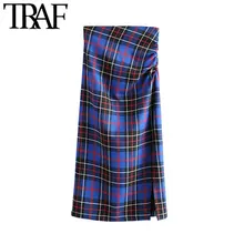 TRAF, Женская винтажная элегантная офисная одежда, клетчатая юбка миди, модная, высокая талия, молния сзади, разрезные женские юбки, повседневные, Faldas Mujer