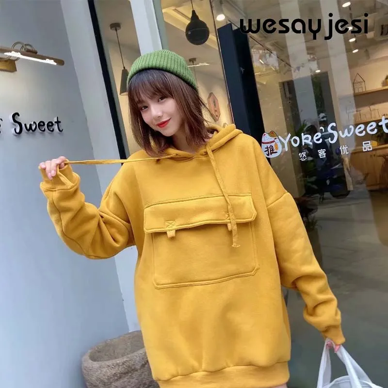 YELLOW Новинка, Осень-зима, Женская толстовка с капюшоном, длинный рукав, большой карман, Женская толстовка, повседневная, свободная, для женщин, s, толстовки, пуловер, для женщин, плюс размер - Цвет: YELLOW