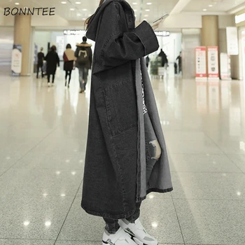 

Trench Women Fashion Loose Denim Hoodies Open Stitch Chic All-match Long Female Coat Spring Korean Style Couple Streetwear 2020