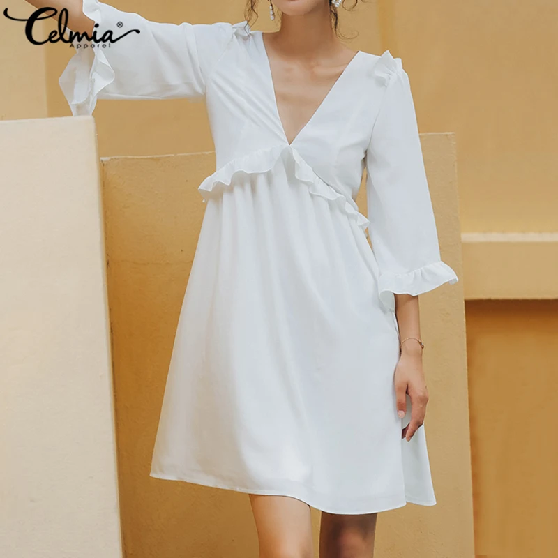 

Summer Beach Ruffled Dress 2020 Celmia Women Sexy Mini Sundress Flare Sleeve Deep V-neck Female Long Shirt Solid Party Vestidos