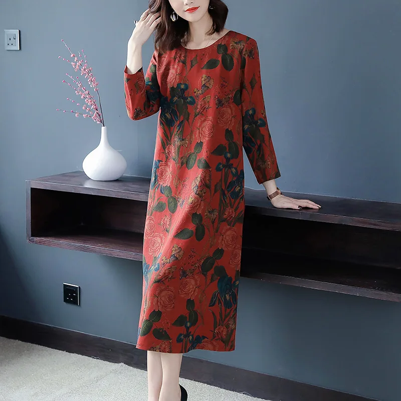 

Europe And America Real Silk Silk Dress 2020 Spring New Style Crew Neck Retro Flower Important Mulberry Silk Skirt