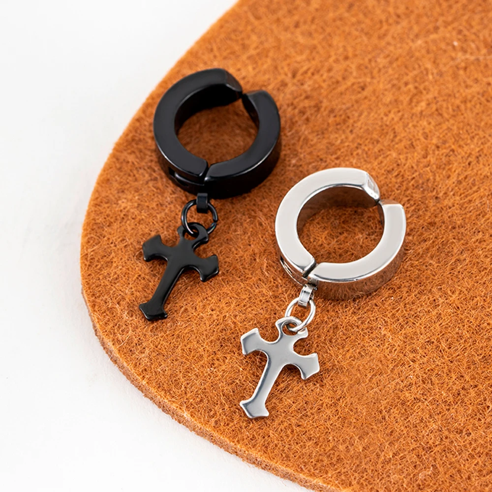Male and Female Hip-hop Stainless Steel Clip Earrings Personality Simple Wild Cool Earrings Cross Pendant Punk Ear Clips hoop earrings stud earrings ear clip earrings clip earrings