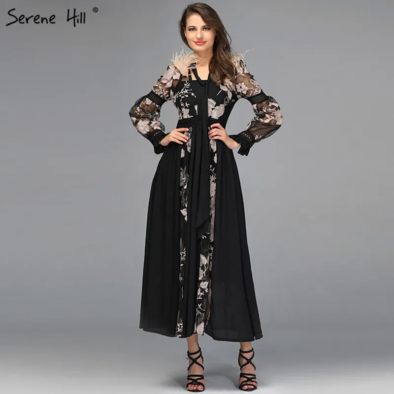 Черные вечерние платья трапециевидной формы с длинными рукавами, вечерние платья длиной до середины икры с вышивкой и перьями, платье Serene hilm QA8042