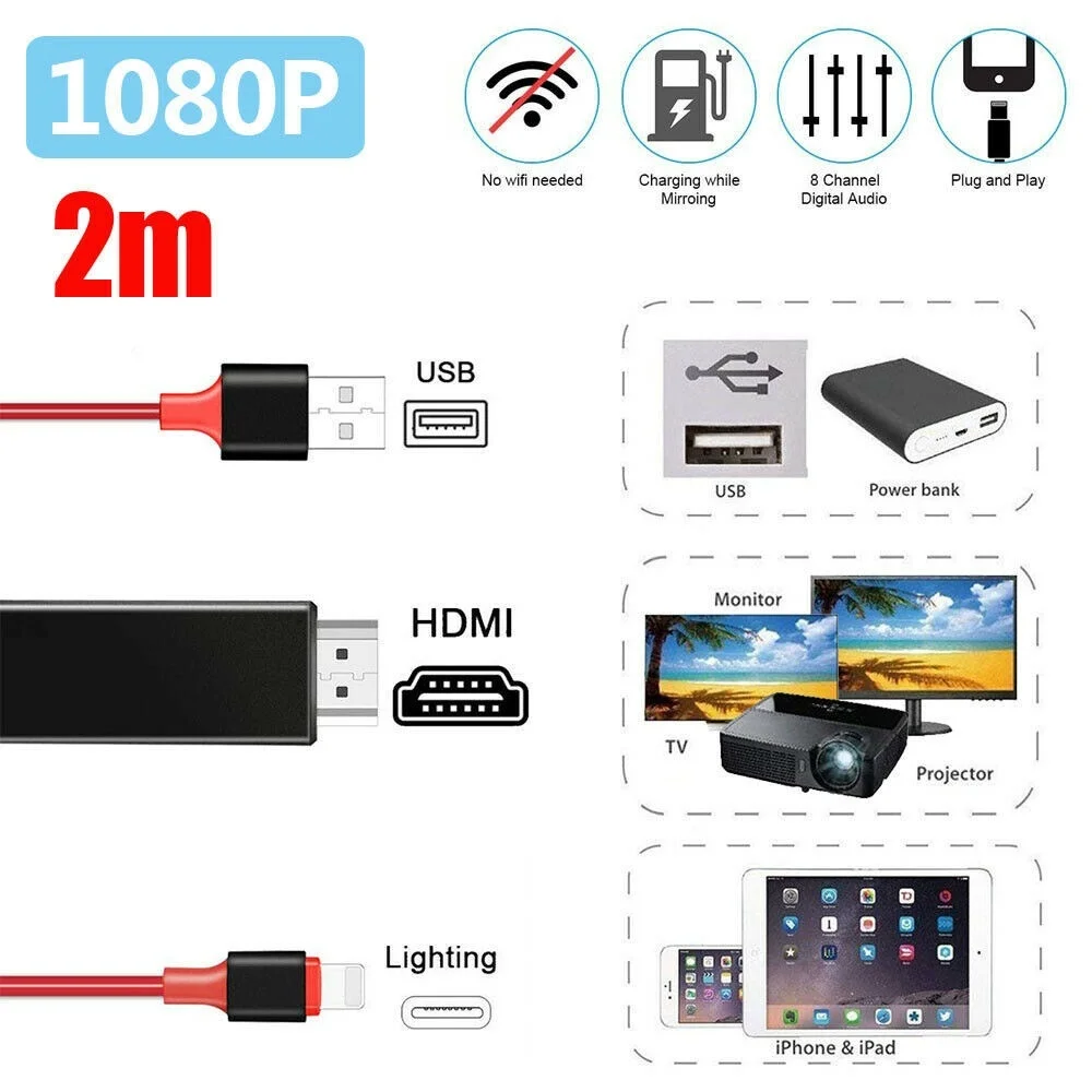 Lightning/HDMI Кабель-адаптер, USB 8 Pin к HDMI HDTV AV Кабель-адаптер 1080P Кабель-адаптер для зарядки