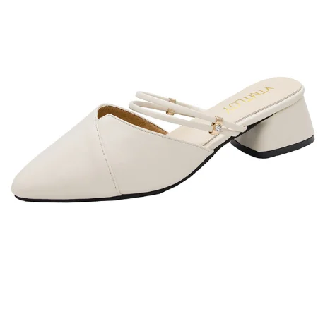Вечерние женские туфли из искусственной кожи; туфли без задника с острым носком; туфли на высоком каблуке с закрытым носком; босоножки для отдыха на удобном каблуке - Цвет: Creamy-white