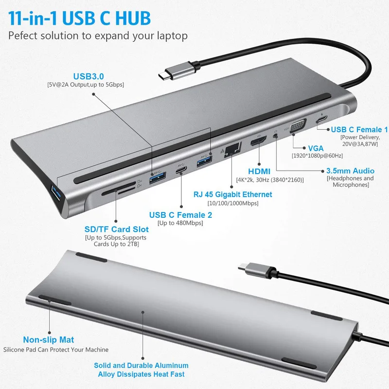 RJ45 Ethernet LADER 11 in 1 USB C Adapter Docking Station with 4K HDMI Laptop Docking SD//TF Card Reader VGA 3 USB 3.0 Samsung USB C HUB iPad Audio for MacBook Pro