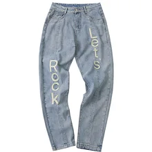 Pantalones vaqueros con estampado de letras Punk Rock para hombres, Jeans de Hip Hop, desgastados, informales, de algodón, color azul, 2021