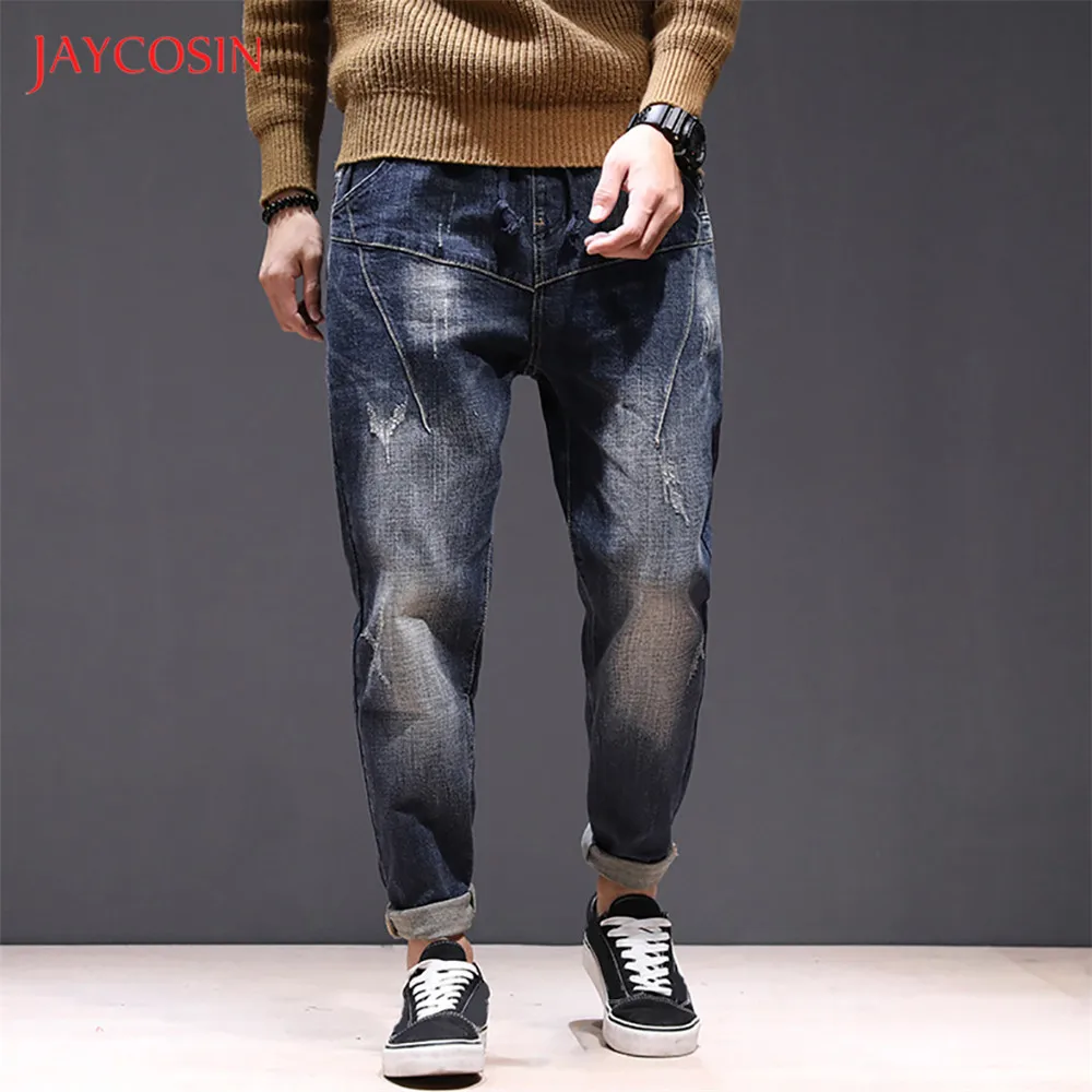 Jaycosin мужские вымытые джинсы, модные уличные свободные джинсовые штаны, новые японские стильные мужские шаровары, одноцветные брюки на шнурке
