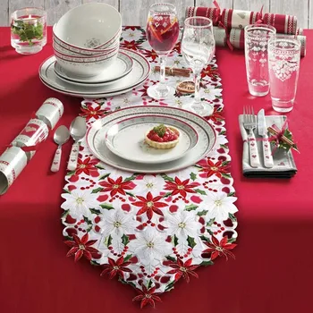 

Flower Table Flag Mats Christmas Embroidered Lace Table Runner Poinsettia Holly Leaf Table Linens Decoration H1128