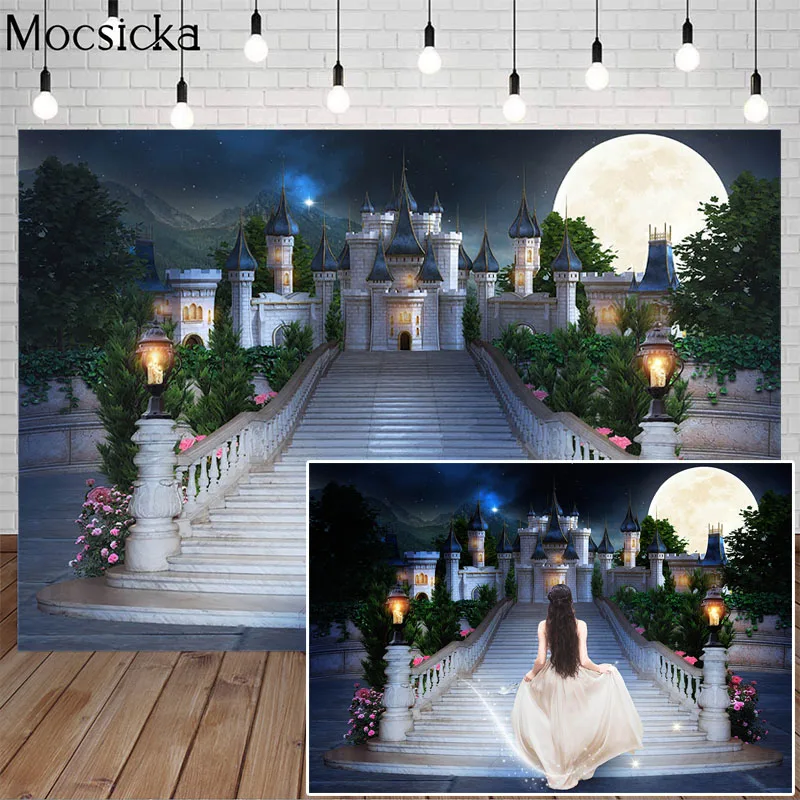 Сказочный замок Ночь Луна фотография Фон Золушка хрустальная обувь Дворцовая