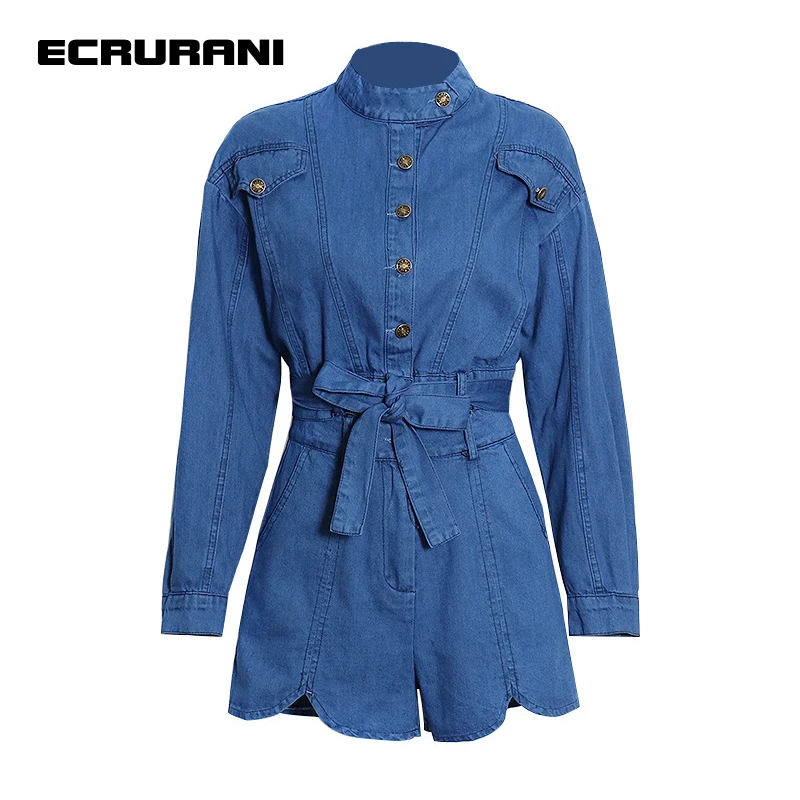 ECRURANI Casual Patchwork Two Piece Set For Women Stand Collar Long Sleeve Tops Loose Shorts Denim Sets Females 2021 New Stylish