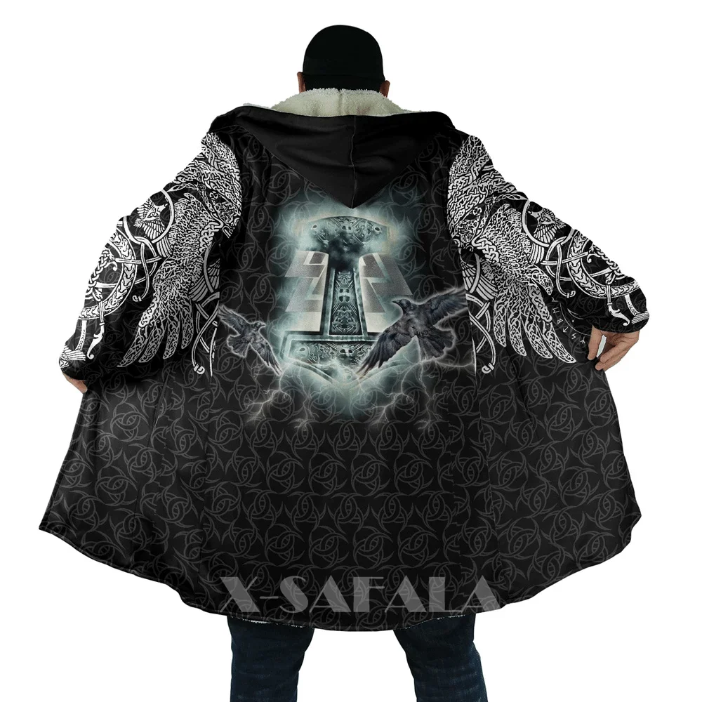 

Viking Totem Crow Eagle All Over 3D Printed Overcoat Thick Warm Hooded Cloak Coat for Men Windproof Fleece Outerwear Pullovers