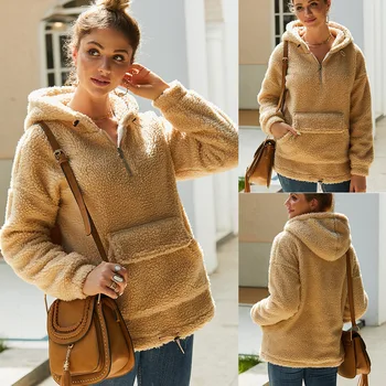 

2020 New Style Hoodies Sweatshirts Autumn Winter New Woollen Fashion Solid Color WOMEN'S Thick Hooded Pocket