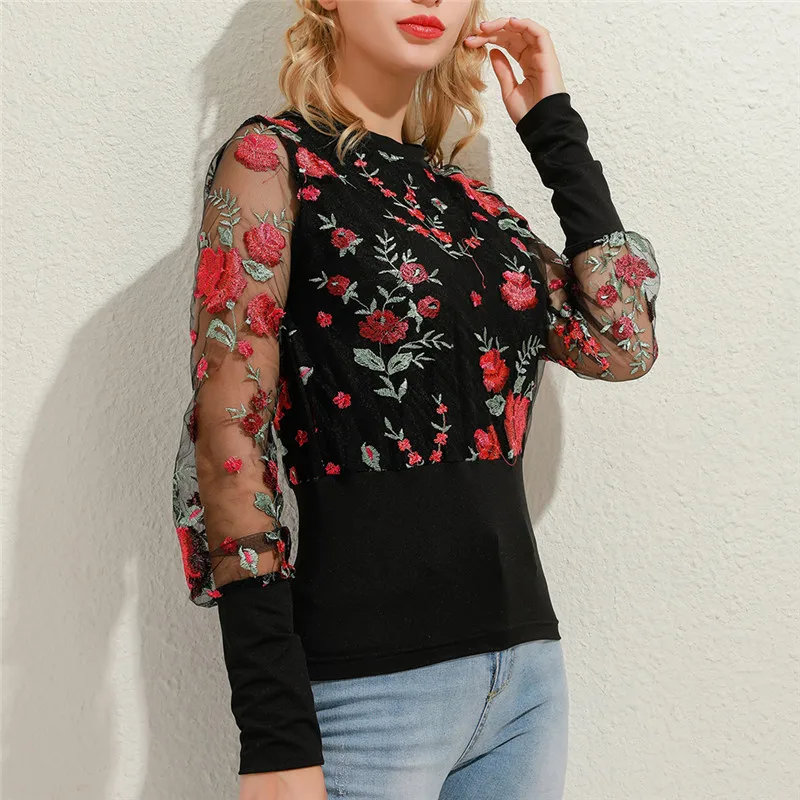 ladies shirts New Embroidery Floral Sheer Mesh Sleeve Blouse Shirts Women 2020 Spring Patchwork Pullovers Elegant Sexy See Through Tops satin shirts for women