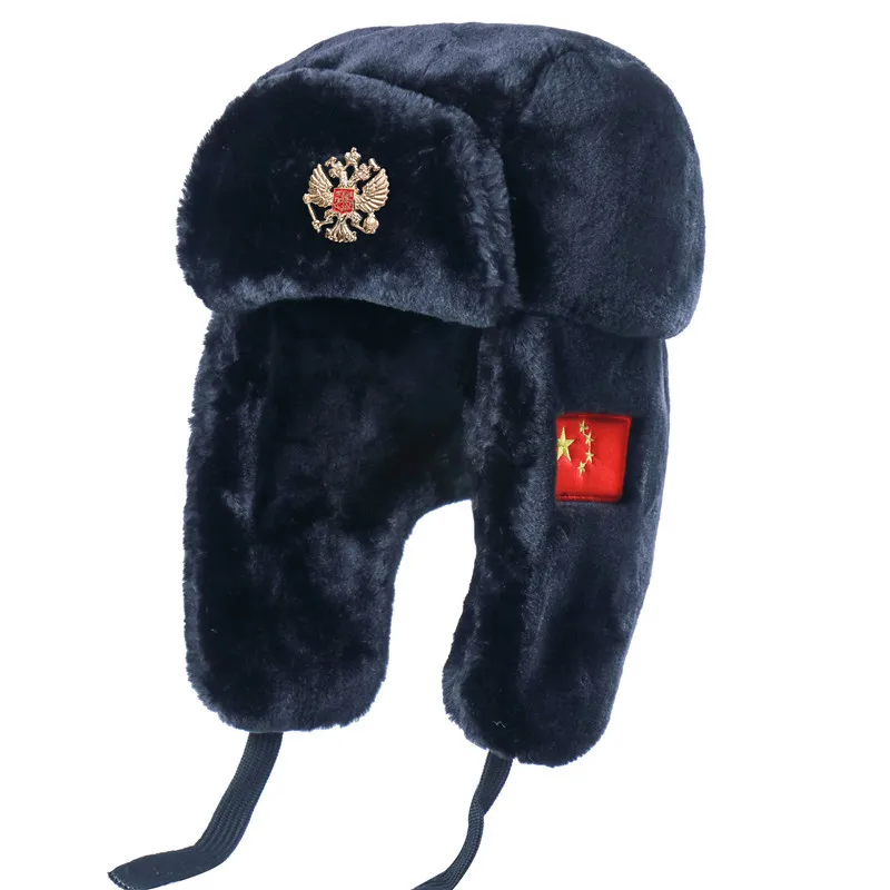 Soviet Union Badge Pilot Warm Hat Artificial Rabbit Fur Outdoor Earmuffs Hat Full Fur Cold-Proof Lumberjack Wind-Proof Cap best men's bomber hats Bomber Hats