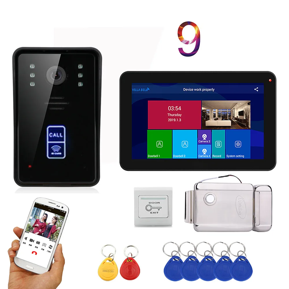 APP Control Video Intercom 9 Inch LCD Wifi Wireless Video Door Phone Doorbell RFID Speakephone Intercom KIT+Door Opening Lock