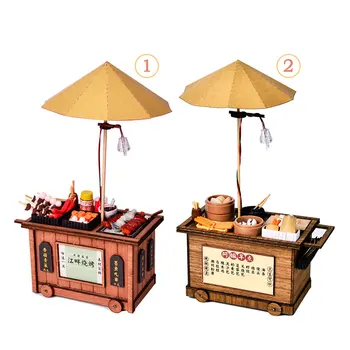 

DIY Wooden Dollhouse With Furniture LED Light Kits Home Decor Miniature Chinese Barbecue Snack Car Model Puzzle Toy Gift