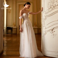 Aedmgh A-Line Boho Wedding Dresses 2021 Sweetheart Off The Shoulder Vestido De Novia Backless Lace Applique Shiny Robe De Mariee