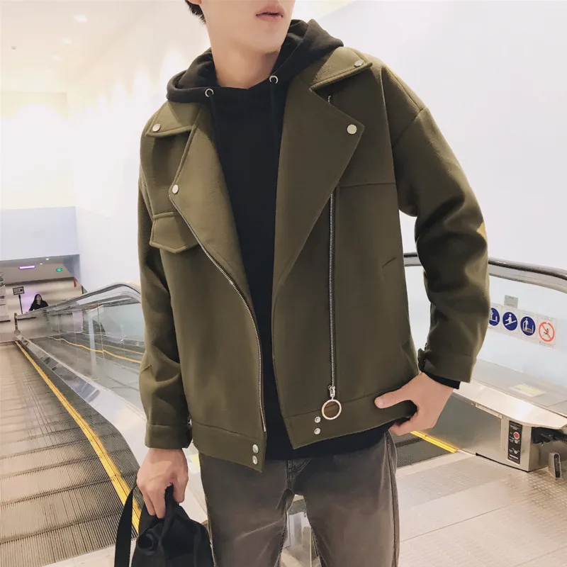 

Winter Short Woolen Coat Men's Fashion Solid Color Casual Woolen Jacket Man Streetwear Wild Loose British Style Woolen Jacket