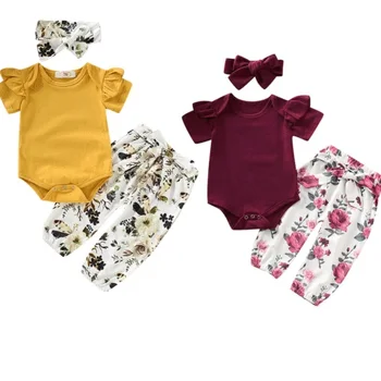 

0 24 Months Newborn Baby Girl Clothes 3pcs Solid Color Bodysuit Flower Print Long Pants Headband Outfits Clothes Set