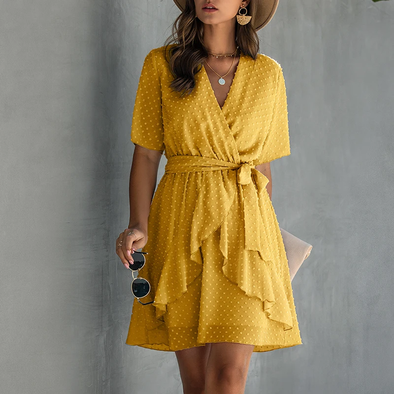 BeAvant Boho горошек Обёрточная бумага платья Для женщин летние шорты с оборками Короткое платье; Boho Женская V образным вырезом сексуальное платье Vestidos