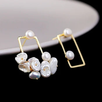 

Rectangular Geometrical Statement Earrings Baroque Style Freshwater Pearl Ear Stud Earrings Asymmetrical Fashion Jewelry Women