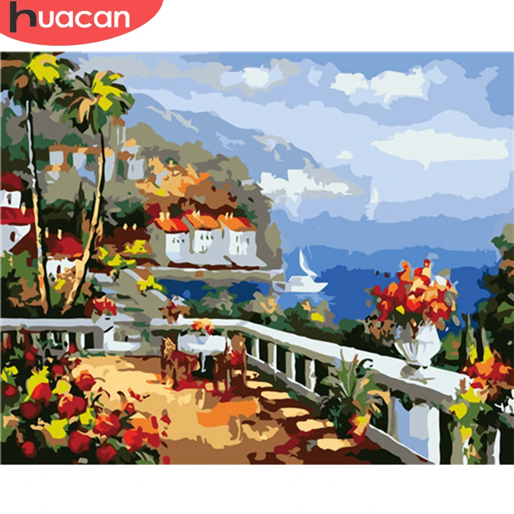 HUACAN Seaside Pictures By Numbers Landscape Kits Drawing Canvas HandPainted City Coloring Painting Art Gift Home Decoration