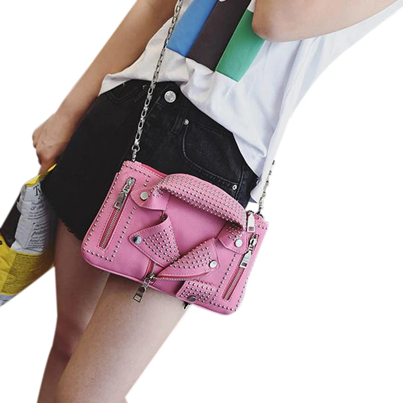 Women Bags Designer Clutch Fashion Rivet Motorcycle Shoulder Bag New Summer Fashion Handbag Chain Crossbody Jacket Bag(Pink
