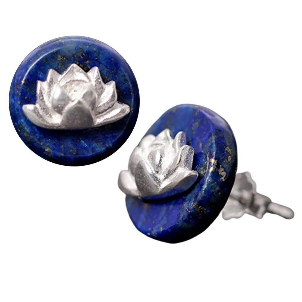 

S925 Silver Ethnic Wind Small Lotus Inlaid Natural Lapis Lazuli Stud Earrings Vintage Chinese Style Earrings Silver
