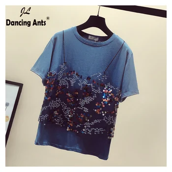 

Woman T-shirts O-neck Short Sleeved Loose Tees Korean Casual Sequined Mesh Patchwork Female Cotton T-shirts 2020 Summer Fashion