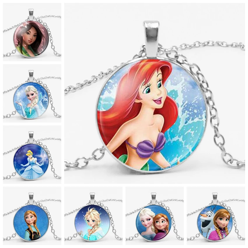 Disney-collar con colgante de cadena larga para niñas, joyería, cristal, cabujón, princesa Elsa, Anna, Reina de la nieve, regalos, juguetes para niños