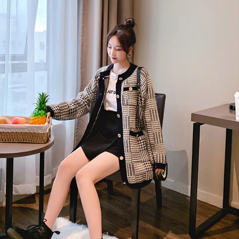 Корейский стиль Милая клетчатая длинная куртка для женщин лоскутное цвет элегантное пальто осень зима верхняя одежда Теплый кардиган Новое поступление