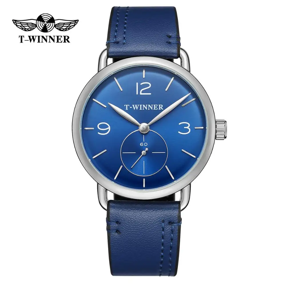 Simple casual men's and women's watches blue dial leather strap automatic mechanical watch T-WINNER