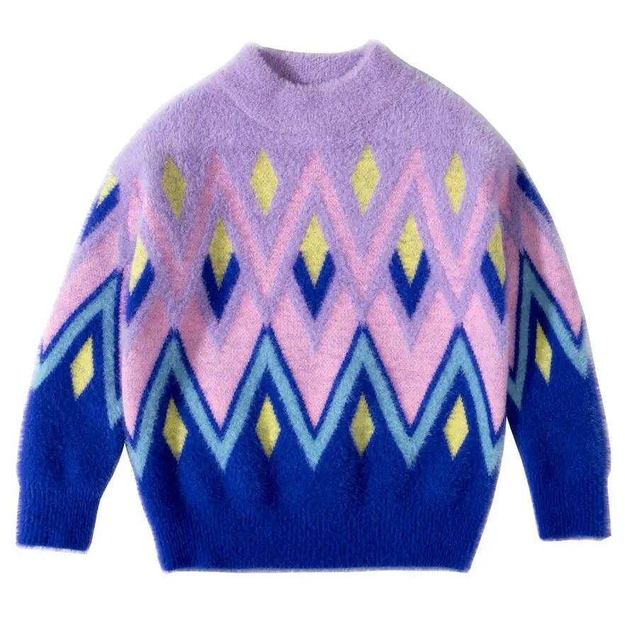 

Baby Kids Tshirt Sweater Baby Girl Diamond Pattern Match Style Little Girl Outfit O-Neck Knitted Clothes for 2T-6T