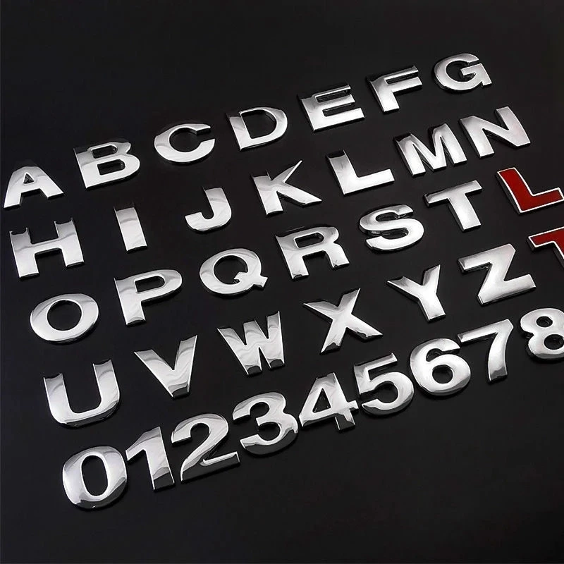Aufkleber 3 D Buchstaben Zahlen silber Metall Alphabet 0-9 Initialen Auto  Name 