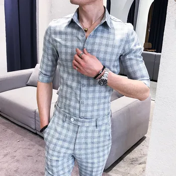 

Herren Hemd Plaid Shirt Suit Summer Shirt Men And Short Casual Erkek Giyim Slim Fit Social Club Outfits Fashion Plaid 2pcs Set