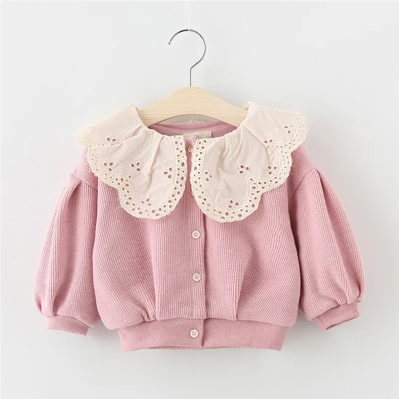 

Girls Coat 2019 Autumn Baby Solid Color Openwork Lace Collar Knit Cardigan Coat