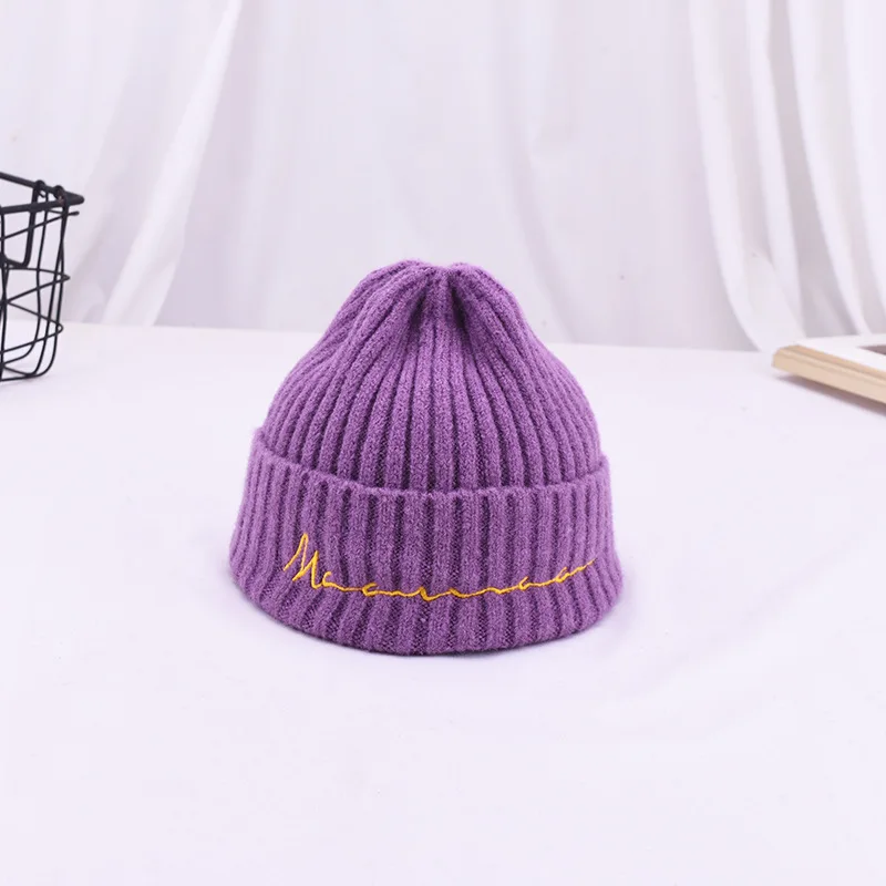 Purple Детская модная шапка с простой вышивкой для мальчиков и девочек, уличная шапка для маленьких мальчиков и девочек, детская осенне-зимняя теплая шапка - Цвет: Purple