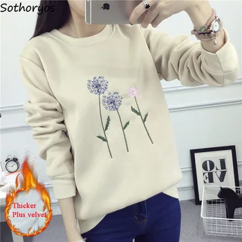

Hoodies Women O-Neck Embroidery Long Sleeved Loose Thicker Plus Velvet Pullovers Womens Harajuku High Quality Students Clothing