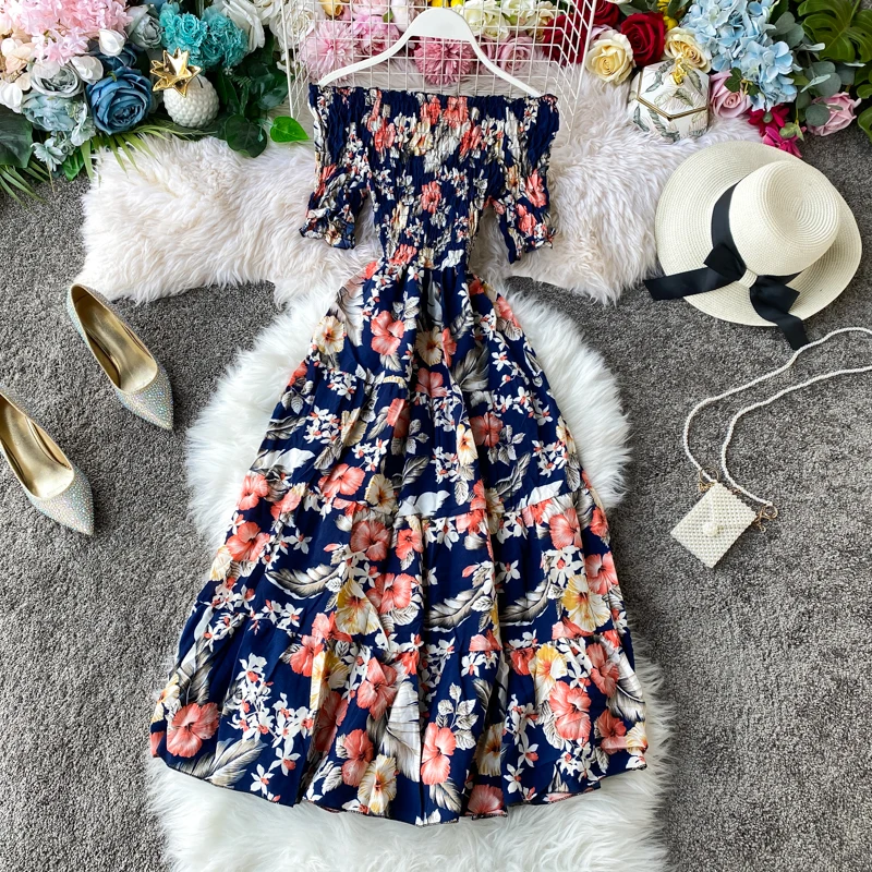 Boho vintage 2020 floral print Sexy Off Shoulder dress Summer midi long Dress Party Women elegant beach holiday tunic dress