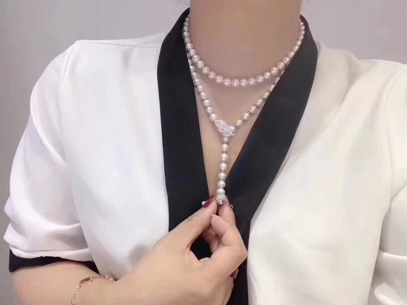 

free shipping long 80cm 8-9mm white Pearl CZ Necklace Pendant 925 silver micro inlay zircon clasp accessory jewelry