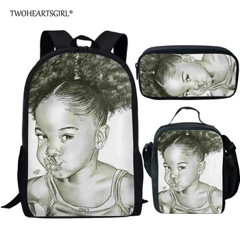 

Twoheartsgirl Black African Girl School Backpack Set for Children Cartoon Afro Girl Bookbags for Kids Teenage Bagpacks Mochila