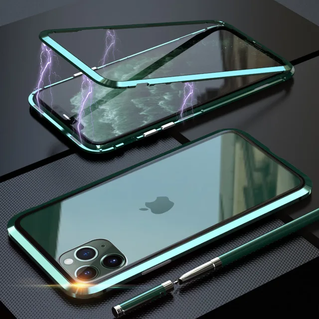 Green Двухсторонний чехол из закаленного стекла для iphone 11 pro max, Передняя Задняя панель 360, металлический чехол с магнитной адсорбцией, защитная оболочка всего тела - Цвет: Green