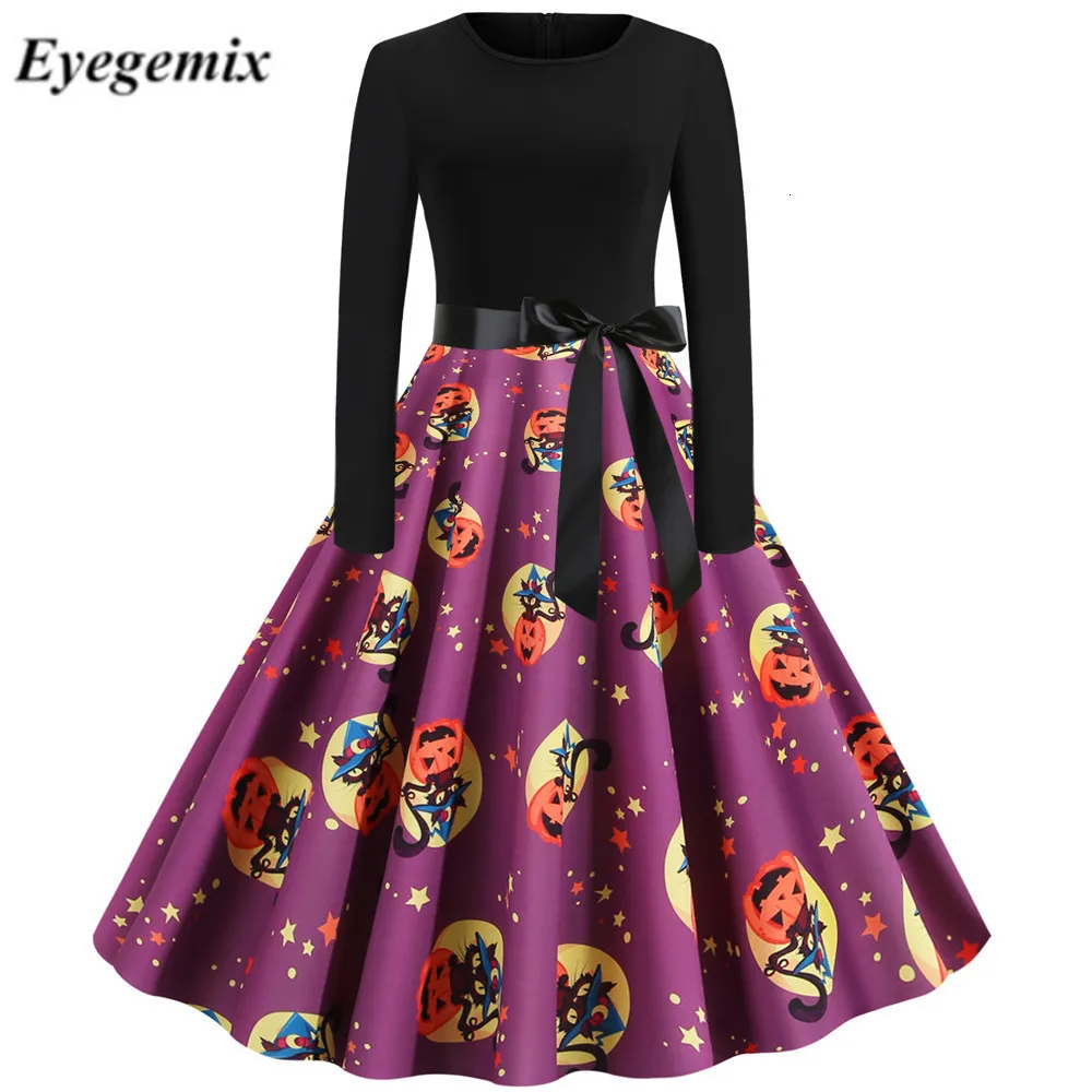 

Pumpkin Print Halloween Dress 2019 Fall Winter Long Sleeve Vintage Pin Up Rockabilly Party Dresses Swing Vestidos De Fiesta
