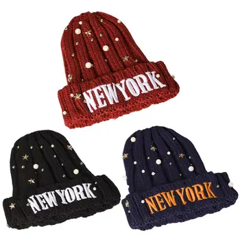 

Women Men Winter Chunky Ribbed Knit Cuffed Hat Imitation Pearl Star Studded New York Letter Embroidery Beanie Cap Party Headwear