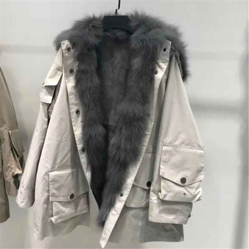 Женское пальто из лисьего меха, парка, зимняя куртка, пальто, женская парка, большой воротник из натурального меха, подкладка из натурального Лисьего меха, короткая верхняя одежда