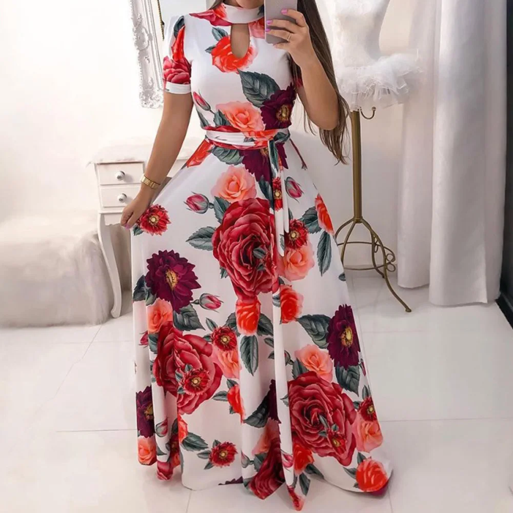 

Summer Floral Printed Women Maxi Dress 2020 Elegant High Waist Female A Line Long Dresses Robe Femme Vestiods Office Lady Work